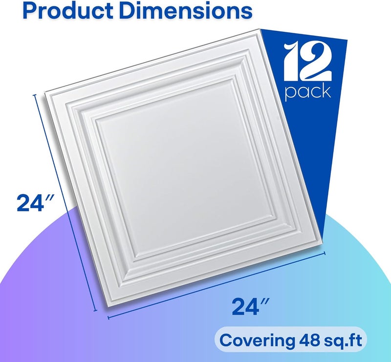 Art3d 12-Pack PVC Drop Ceiling Tiles (48 Sq.Ft), 24"x24" Decorative Panels for Home and Office, 2ft x 2ft, Bright White Finish - Image 2